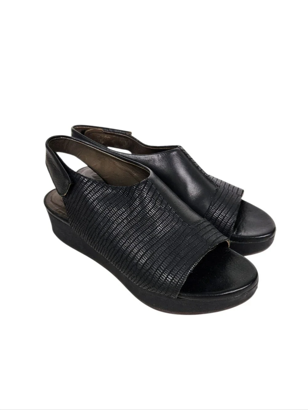 Coclico Black Leather Snakeskin Emboss Slingback Platform Sandal Womens Size 8.5